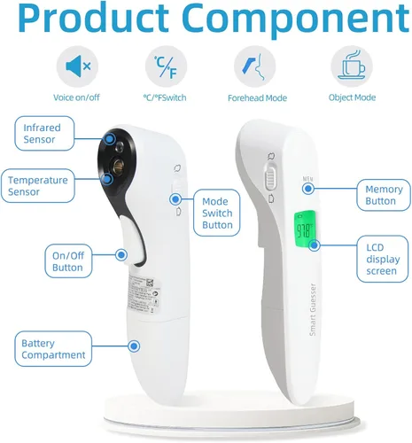 Vista 2 de Termómetro infrarrojo para la frente sin contacto para adultos y bebés, termómetro digital con alarma de fiebre y función de memoria, color blanco