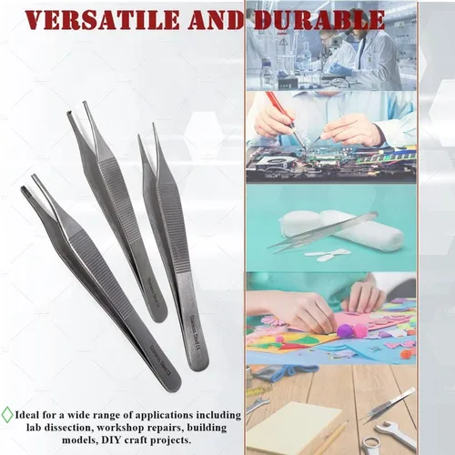 Vista 6 de Adson Fórceps - Juego de 3 pinzas rectas de acero inoxidable de 1 x 2 dientes, pinzas para aderezo Adson de 4.75 pulgadas