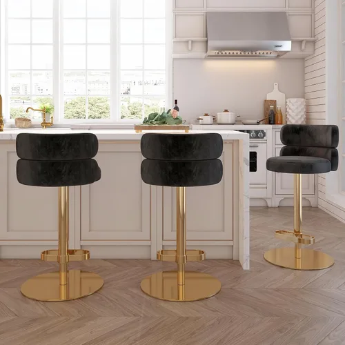 Vista 6 de Taburetes de bar de terciopelo modernos giratorios de altura ajustable para encimera de cocina, taburetes de bar con reposapiés para sala de estar