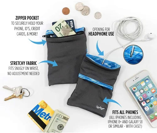 Vista 2 de Sprigs Banjees 2 Pocket Wrist WalletWrist BandWrist Pocket for Travel, Walking, & Running. Wallet Pouch That Holds Cash, Card, ID's, and More
