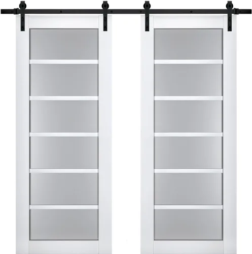 Vista 6 de Puerta de granero doble resistente de 36 x 84 pulgadas con Veregio 7602 seda blanca con vidrio esmerilado Juego pesado de perchas de riel de 13