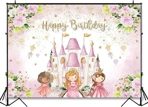Vista 4 de Avezano Telón de fondo de cumpleaños de castillo de princesa, rosa, floral, decoración de fiesta de cumpleaños para niñas dulces, estrellas doradas