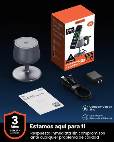 Vista 9 de GEEKERA Estación de carga 3 en 1 de carga rápida certificada Qi2.2 de 25W Gris fantasma