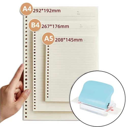 Vista 4 de Tiiyee Perforadora de 6 agujeros, perforadora de papel de hojas sueltas, ajustable, de mano con líneas de escala A4/30, A5/20, B5/26, perforadora