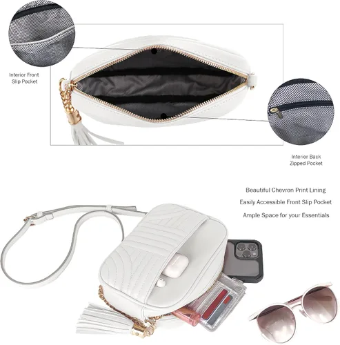 Vista 3 de EVVE Bolsos cruzados acolchados para mujer, elegante bolsa de cámara con borlas, bolso de hombro ligero de tamaño mediano