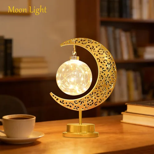 Vista 2 de Lámpara de luna con globo colgante, lámpara de mesa decorativa de luna creciente, funciona con pilas, decoración islámica de metal retro, luz LED