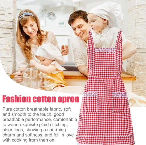 Vista 4 de Delantal clásico vintage para mujer, delantal de algodón a cuadros rojo y blanco, babero de chef de cocina para el hogar