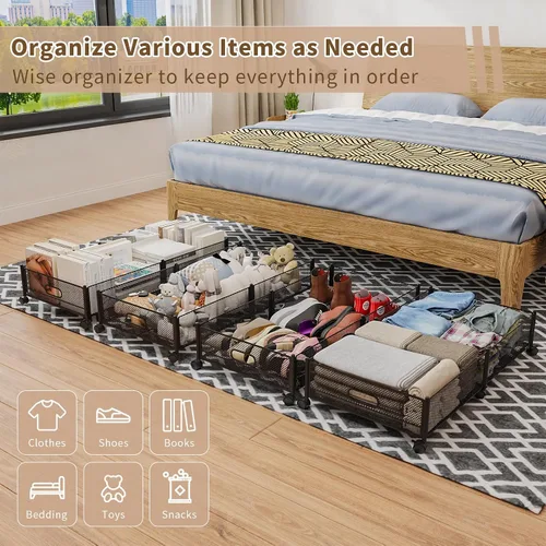 Vista 2 de Almacenamiento debajo de la cama sobre ruedas, almacenamiento grande mejorado de 31.5 pulgadas, organizador plegable de metal para debajo
