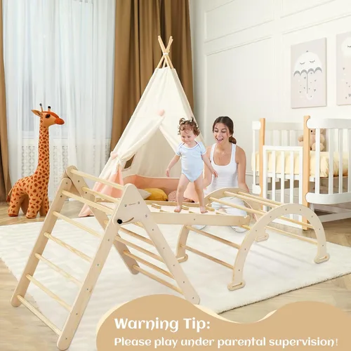 Vista 4 de Pillowhale Juego de triángulos de escalada de madera Montessori extra grande: triángulo plegable para gimnasio, rampa y arco de escalada, parque