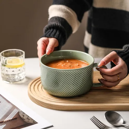 Vista 6 de Tazón de sopa de cerámica con asa, 38 oz apto para microondas Verde guisante