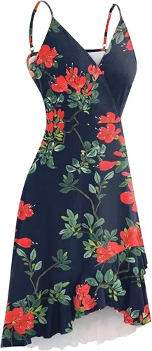 Vista 3 de Vestido de verano con tirantes delgados para mujer, estilo casual, con volantes, floral, sin mangas, cuello en V, vestido casual con vuelo