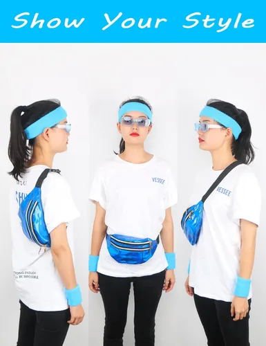 Vista 6 de Riñonera holográfica de los años 80 lentes de sol rectangulares retro para mujer muñequeras de punto neón para yoga correr senderismo viajes Azul
