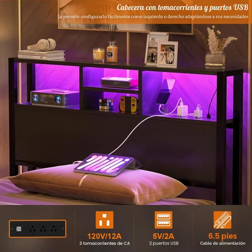 Vista 3 de Cabecero Aheaplus para Cama Individual con Almacenamiento, Cabeceros con Enchufes, Puertos USB y Luz LED, Cabecero Individual Solo, Altura Negro