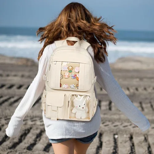Vista 2 de Mochila Kawaii para niñas, bonita mochila estética para la escuela, mochila Kawaii con accesorios y colgante, Beige, Mochilas Tradicionales