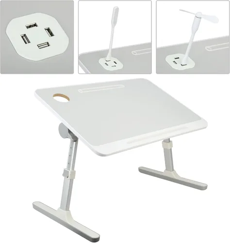 Vista 5 de Escritorio plegable para laptop, mesa plegable para desayuno, mesa de cama ajustable para laptop con alturas y ángulos, mesa plegable con cajón