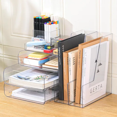 Vista 10 de CiWiVOKi Organizador de escritorio y accesorios, organizador de archivos de escritorio de 2 niveles con cajón acrílico y 2 soportes para bolígrafos