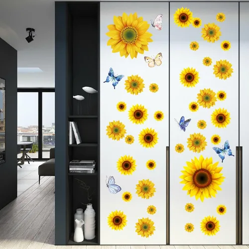 Vista 6 de Calcomanías de pared de girasol con mariposa 3D, calcomanías de pared de flores amarillas extraíbles, impermeables, decoración de girasol, mural