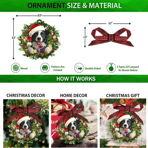 Vista 4 de Talataca Border Collie - Corona de sombrero de Navidad, para amantes de los perros, árbol de Navidad plano 2D, adorno de madera, decoración colgante