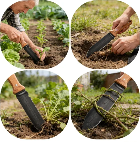 Vista 8 de Hori Hori - Cuchillo de jardín, hoja de acero inoxidable de 7 pulgadas, herramienta de jardinería resistente, mango de madera de espiga completa