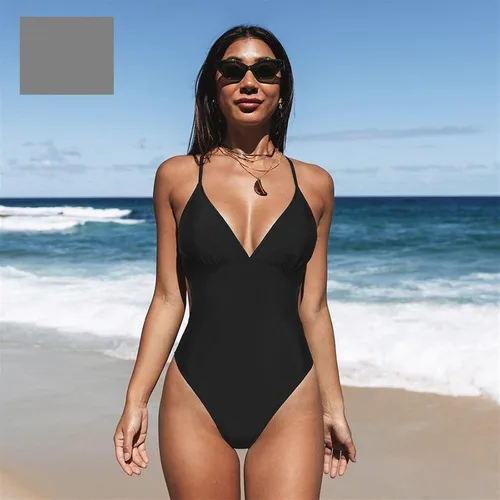 Vista 2 de Back One-Piece Swimsuit Women Solid Black Sexy V-Neck Monokini Swimwear Bathing Suits Beachwear