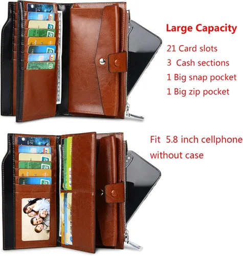 Vista 6 de YALUXE Cartera de piel auténtica para mujer, con bloqueo RFID, tarjetero múltiple con bolsillo para teléfono celular