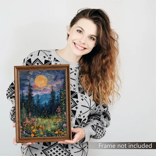 Vista 2 de Yuaruo Póster vintage de luna llena sobre las flores silvestres, lienzo místico de bosque de medianoche para pared, pintura al óleo retro de flores