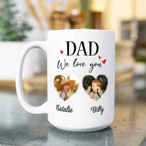 Vista 4 de Marco de fotos personalizado para niños, taza de café de regalo para papá y papá, taza de café blanca con texto en inglés "Dad We Love You", taza