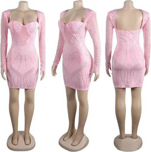 Vista 5 de PORRCEY - Vestido de noche sexy con manga larga y diamantes de imitación para mujer, fiestas y discotecas