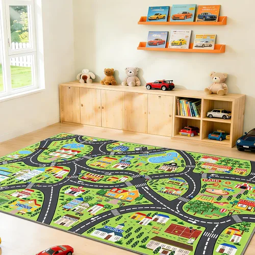 Vista 11 de Alfombras de juego de autos para niños, 36 x 60 pulgadas, tapete de juego de mapa de ruta urbano para jugar con autos, camiones, tapete de juego
