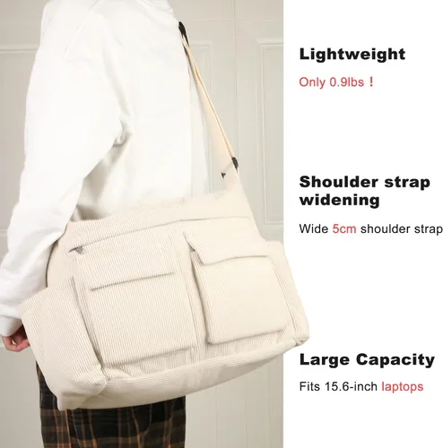Vista 2 de Bolso bandolera grande de pana para mujereshombres, bolso escolar tipo hobo