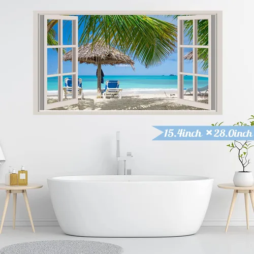 Vista 4 de Adhesivo de pared de playa 3D falso para ventanas, calcomanías de pared de paisaje marino de playa, calcomanías extraíbles 3D para paredes de Blue