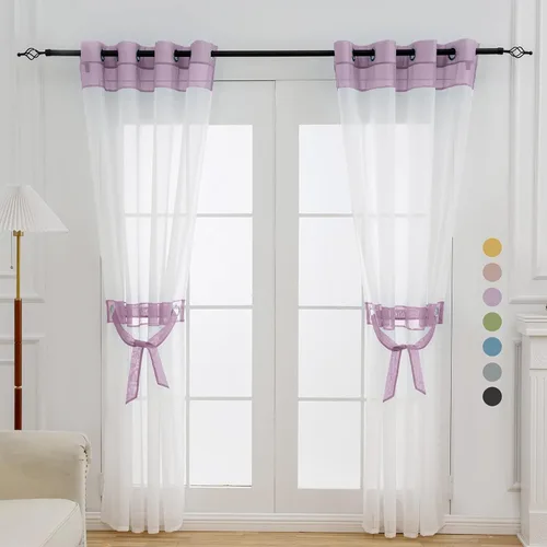 Vista 15 de L.Z.E - Cortinas transparentes blancas y negras de 63 pulgadas de largo, 2 paneles para sala de estar, cortinas elegantes y modernas transparentes