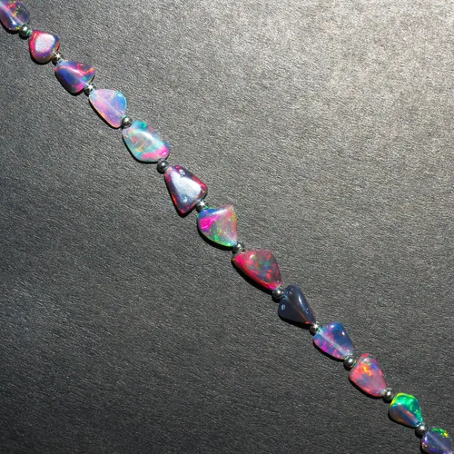 Vista 5 de Cuentas de piedra de ópalo de fuego etíope negro con pulsera de bola de plata para mujer, cristal curativo, joyería de piedra natal hecha a mano