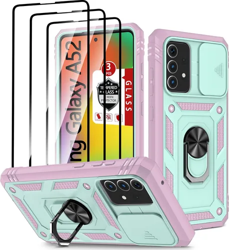 Vista 8 de Funda para Galaxy A52 4G, para Galaxy A52 5G con 3 protectores de pantalla de vidrio templado con soporte de anillo integrado + cubierta de cámara
