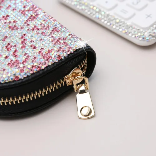 Vista 14 de AsAlways RFID Rhinestone titular de la tarjeta de crédito semicírculo multicapa cremallera caso Bling Crystal Slim pequeña cartera para mujeres