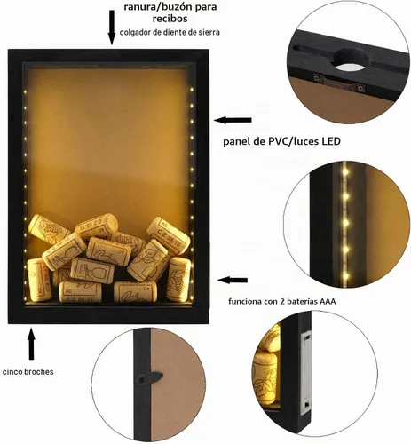 Vista 4 de Caja de sombra de madera rústica negra de 8"X11" con luces, vitrina iluminada con LED para corchos de vino, boletos y exhibiciones creativas