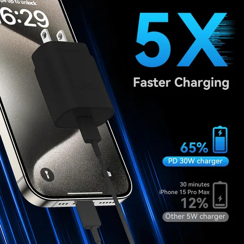 Vista 2 de Cargador de teléfono 17, 16, 15, carga rápida, bloque de carga USB C de 30 W con cable de carga C de 6.6 pies de largo para teléfono 17, 16, 15 Pro