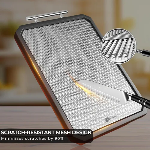 Vista 6 de Tabla de cortar de acero inoxidable Tabla de cortar de doble cara con mango antideslizante para cocina con diseño de malla antiarañazos Tabla