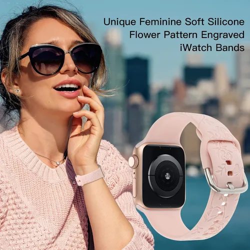 Vista 3 de Correas con grabado de flores compatibles con Apple Watch Band 1.614 in 1.575 in 1.496 in 1.732 in 1.654 in 1.772 in 1.929 in, correa deportiva
