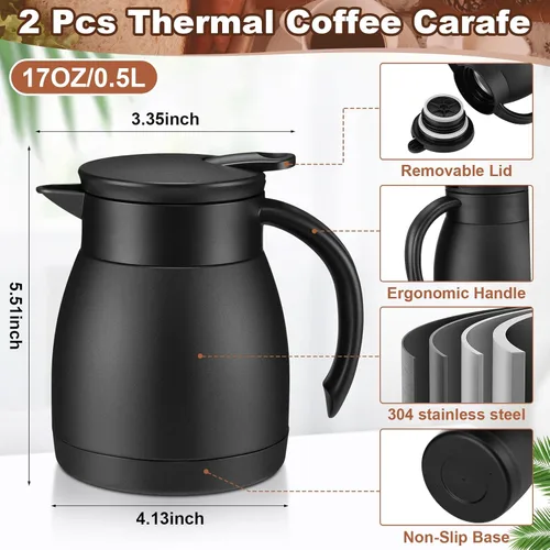 Vista 2 de Uiifan 2 jarras térmicas de café de 17 onzas de acero inoxidable aisladas al vacío, jarra térmica de doble pared al vacío con cepillos para mantener