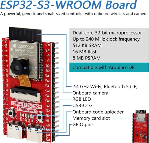 Vista 3 de Freenove Placa ESP32-S3 ESP32 S3 CAM (flash de 16 MB), microcontrolador de doble núcleo de 32 bits a 240 MHz, cámara a bordo inalámbrica, código