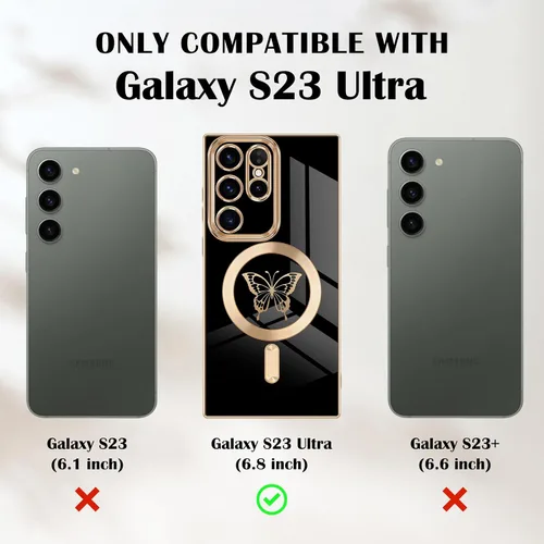 Vista 5 de Funda magnética para Samsung Galaxy S23 Ultra 5G, bonita funda de lujo con borde chapado de mariposa para mujeres, niñas y hombres, TPU suave, a