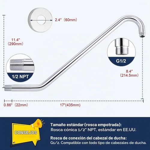 Vista 3 de Brazo de extensión de cabezal de ducha con brida Uvish de 17 pulgadas, tubo elevador de cabezal de ducha en forma de S, brazo extensor de ducha