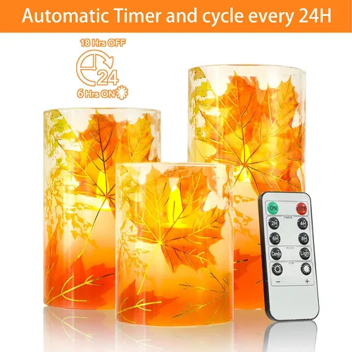Vista 3 de Velas sin llama de otoño, velas LED de hoja de arce otoñal con control remoto y temporizador, velas de cera real parpadeantes realistas para fiestas