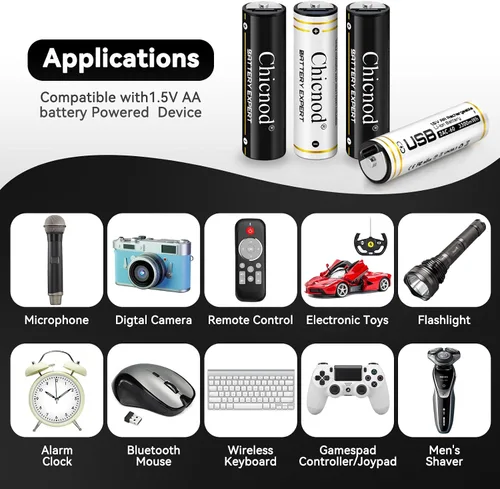 Vista 6 de Baterías AA recargables USB-C, 3300 mWh de iones de litio de 1.5 V de voltaje constante, baterías de litio dobles A de carga rápida con cable tipo