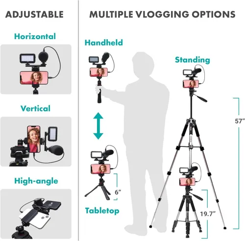 Vista 6 de Movo iVlogger - Kit de vlogging para iPhone con trípode de tamaño completo – Kit de inicio de YouTube compatible con Lightning para creadores