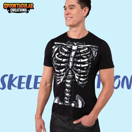 Vista 2 de Spooktacular Creations Camiseta de esqueleto de Halloween para hombre disfraz divertido con estampado negro para adultos fiesta de disfraces