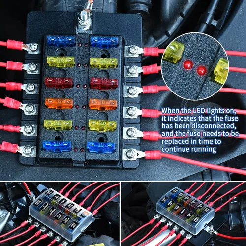 Vista 4 de Cuchilla de caja de fusibles de 12 vías de 12 V, caja de fusibles de 12 V con indicador LED, cubierta de humedad y polvo, soporte de caja