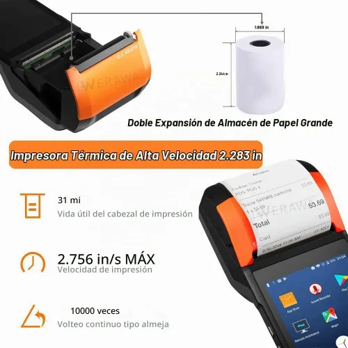 Vista 2 de Impresora POS móvil SUNMI V2 Terminal POS con impresora térmica de recibos de 2.283 in, altavoz, leva, escáner de código de barras en una impresora