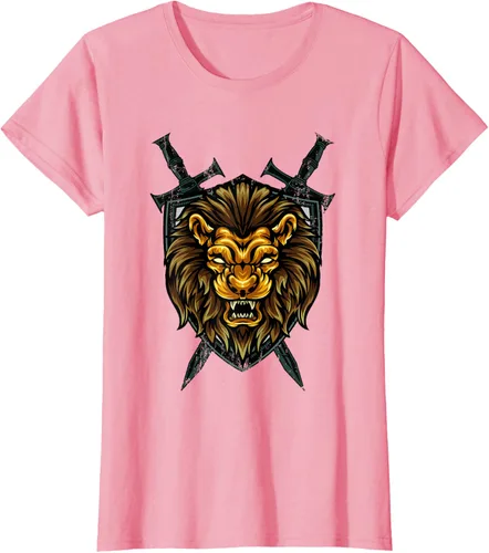 Vista 11 de Camiseta con diseño de caballero medieval renacentista, con diseño de espada de león, Negro, S